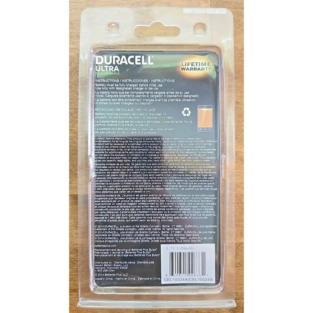 Duracell Ultra Rechargeable Li-ion Battery CEL-10024A, 3.7V 1100 mAh